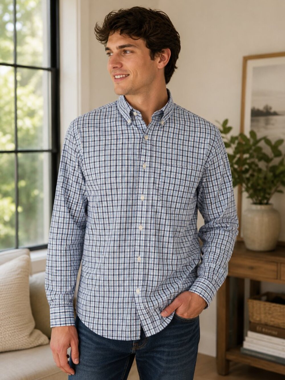 Vineyard Vines OTG Performance Button Front L/S Blue Plaid Shirt Men's XL